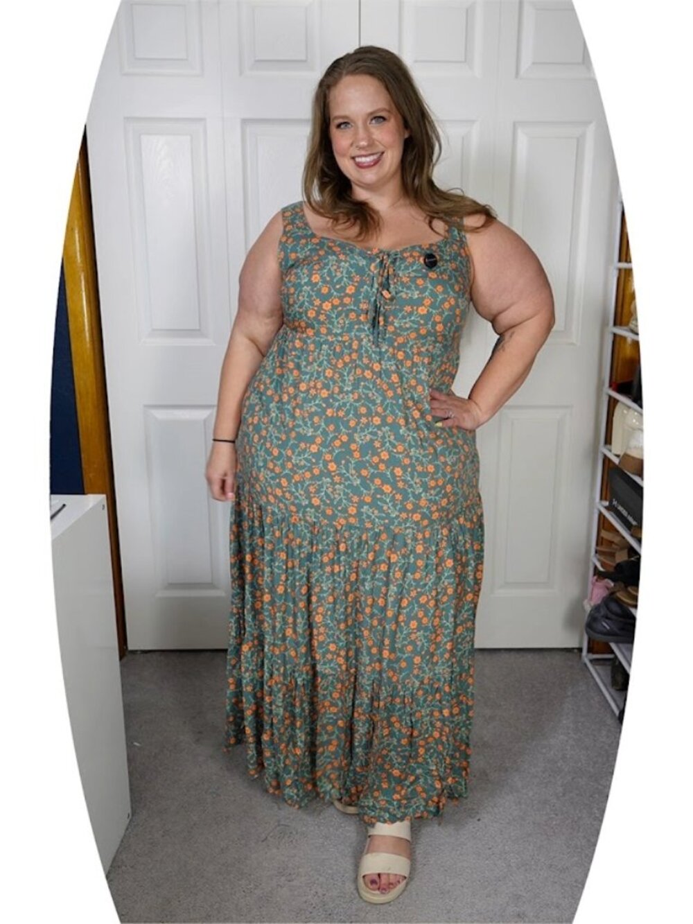 RUSTTY DUSTTY Plus Size 4XL Green Orange Floral Lace-Up V-Neck Dress NWT
